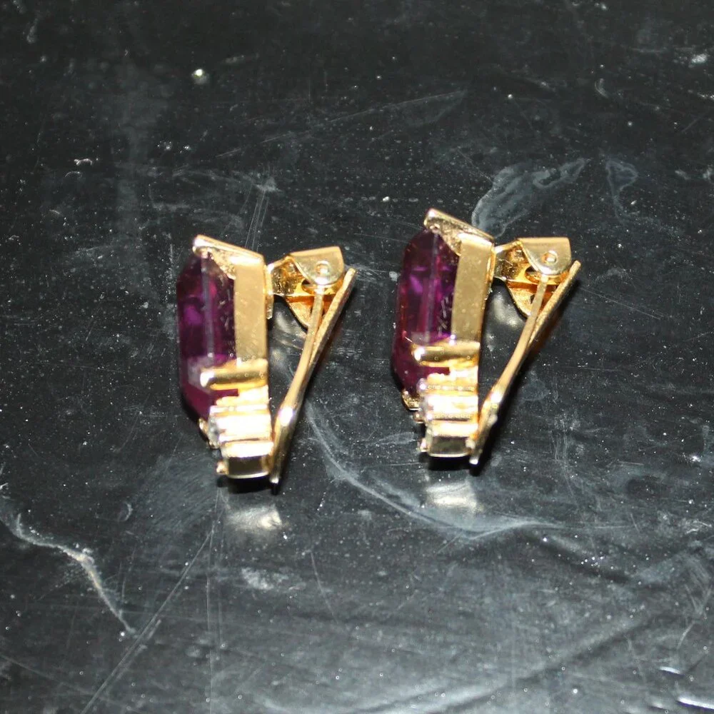 Vintage Christian Dior Simulated Amethyst Clip On Earrings 1980s Signed - Picture 2 of 5